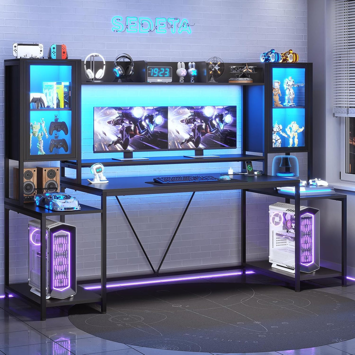 SEDETA Gaming Desk 75'' with LED Lights, Hutch and Storage Shelves, Black