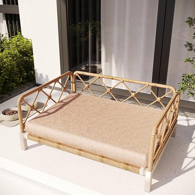 Elevated Waterproof Dog Beds for Large Dogs with Egg Crate Foam Support Pet Bed, Outdoor Dog Sofa Bed PE Wicker Orthopedic Pet Couch Bed with Washable Removable Cushion