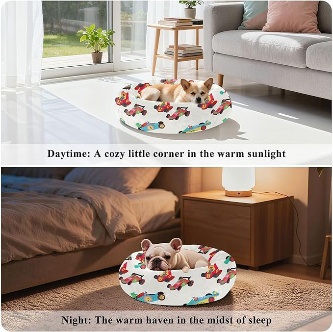 Dog Bed Race Cars Sleeping Pet Bed with Anti-Slip Bottom for Small Medium Dogs and Cats, Round Calming Sleeping Washable Puppy Beds 16 in