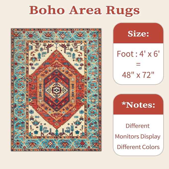 SERISSA 4x6 Boho Bedroom Rug, Washable Non Slip Vintage Orange Area Rugs
