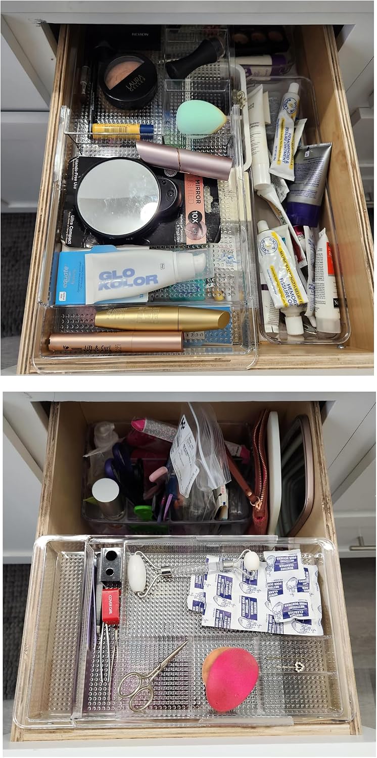 Oubonun Expandable Shallow Vanity Plastic Makeup Drawer Organizers, 4 Pack