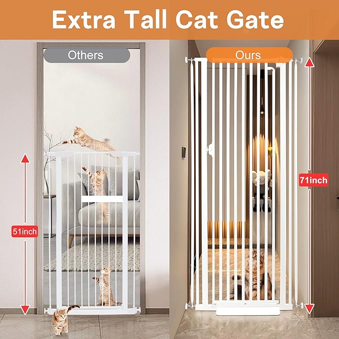 71“ Extra Tall Cat Gate for Doorway：29.4-33.4” Wide Pet Gate, Auto Close/One Handed Open, 1.34” Extra Small Gap, No Drill Pressure Mount Tall Cat Gate for Interior Stairs/Kitchens/Hallways (White)