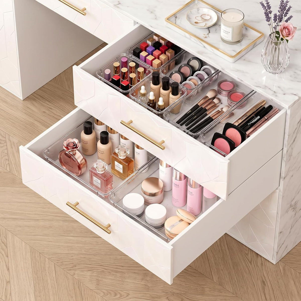 81 PCS Clear Plastic Drawer Organizer Set 4 Sizes Desk Divider Storage Bin