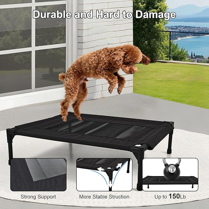 Raised Dog Bed Cooling Cot for Indoor Outdoor Use Portable Waterproof Mesh Pet Bed Washable for Large Medium Small Dogs, Black