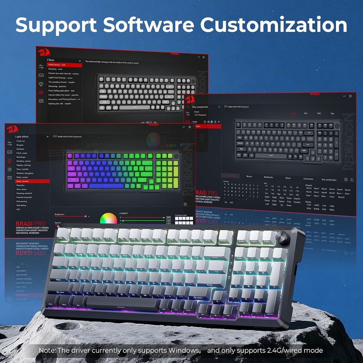Redragon K688SP-RGB-PRO 96% Three-Mode Mechanical Keyboard Gasket Structure RGB hot Plug 8000mAh with knob Black and Gray Gradient Side Engraved keycaps