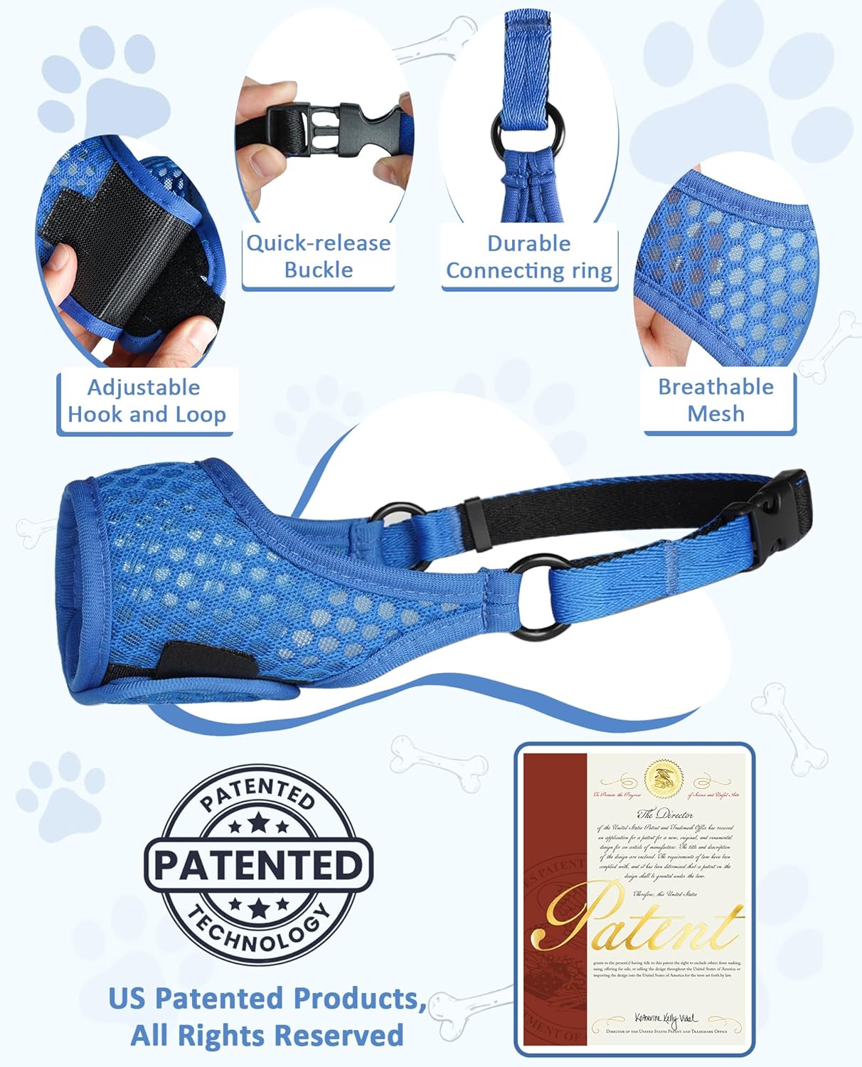 LUCKYPAW Soft Muzzle for Small Medium Sized Dogs, Dog Muzzle to Prevent Biting Chewing, Adjustable Breathable Mouth Guard for Grooming Walking Training(Blue, XS)