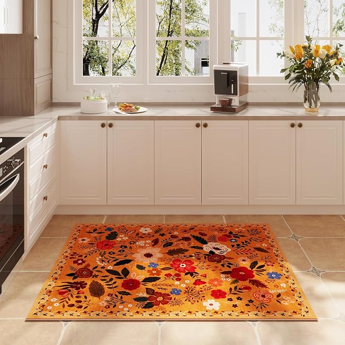 Rugcomf Door Mat Indoor Entrance 2x3 Rug Machine Washable Boho Floral Small