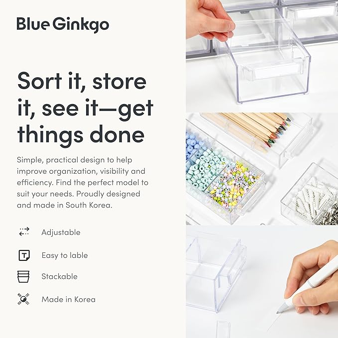 Blue Ginkgo Medium 16-Drawer Cabinet – Stackable Clear Organizer for Hardware, Beads, Plastic Bricks, Office, and Craft Storage (Made in Korea, Yellow)
