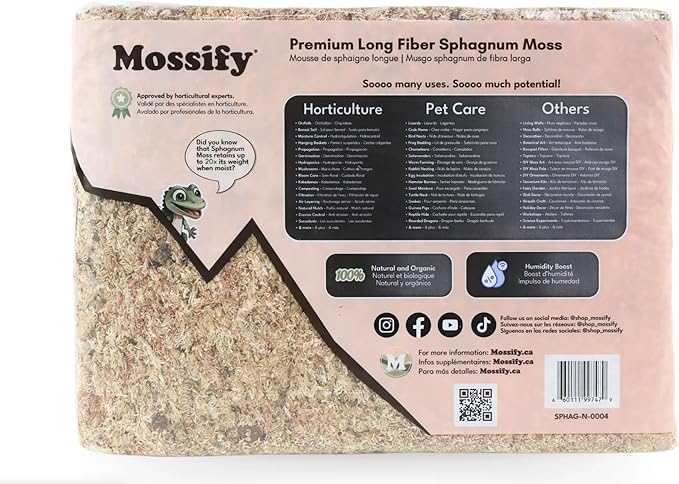 Mossify Premium Sphagnum Moss for Plants 500g, 1.1 lbs – Long Fiber Moss for Plants Indoor, Orchids, Terrariums, Gardening, Reptiles – Moisture Plant Moss for Propagation, Soil & Habitat Bedding