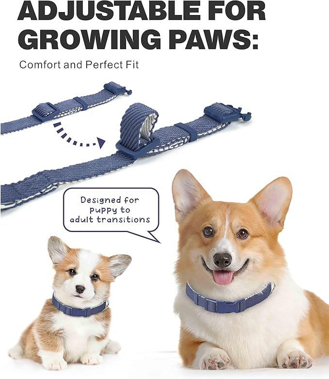 Dynmeow Soft and Breathable Cotton Dog Collar, Durable Adjustable Pet Collar with Quick-Release Buckle, Lightweight for Sensitive Skin for Small and Medium Dogs, Navy-Blue, S