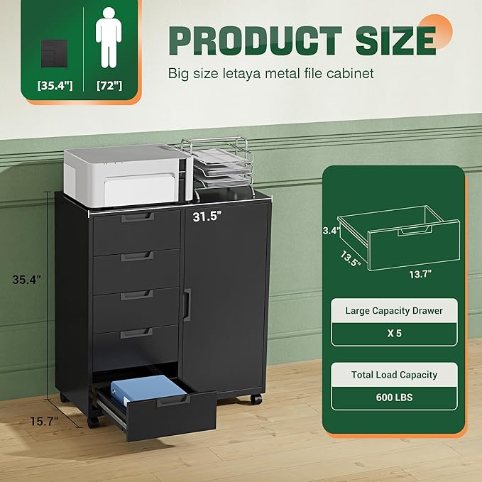 Letaya 5 Drawer Storage Cabinet, Mobile Printer Stand for Home Office,Dresser Chest with Shelves and Door(Black)
