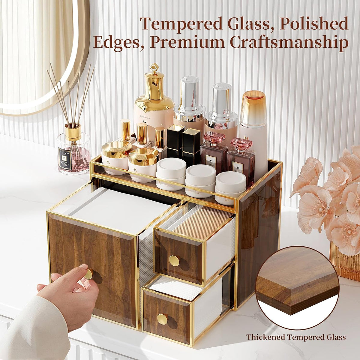 CoralHouse Face Towel Holder with 3 Drawers for Bathroom, Woodgrain