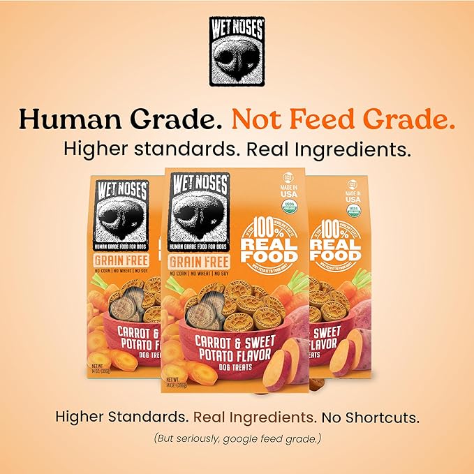 Wet Noses Organic Crunchy Dog Treats Grain Free – All-Natural, Human-Grade, Non-GMO, Healthy Training & Delicious Snacks for Dogs, for All Dog Sizes & Breeds – Carrot & Sweet Potato, 14oz (2 Pack)