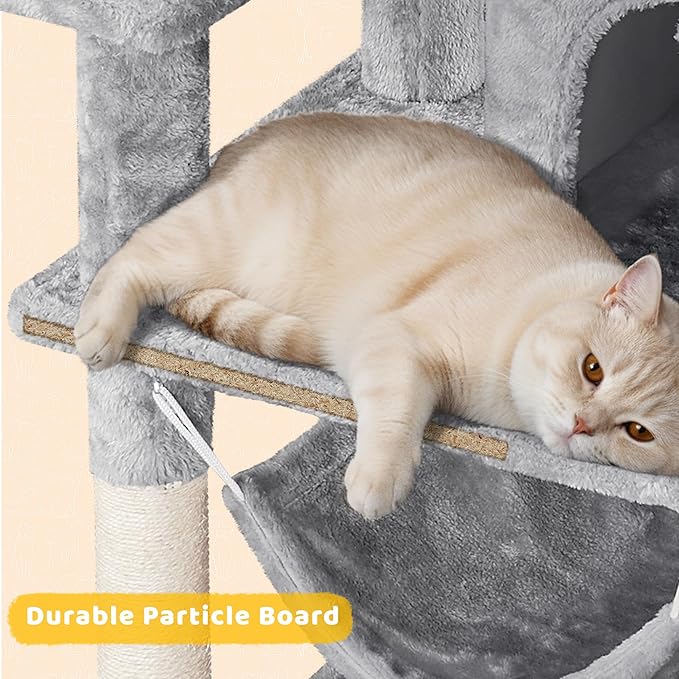 Yaheetech Cat Tree, 67in Large Tower w/ 3 Removable Teaser Sticks, 2 Kitten-Ear Shaped Perches, 2 Condos, Hammock, Scratching Post, Multi Level Pet House, Light Gray