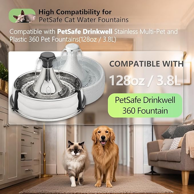4+4 Pack Premium Cat and Dog Water Fountain Carbon Filters Compatible with PetSafe Drinkwell 360 Multi-Pet Stainless Steel & Plastic Pet Fountains(128oz/3.8L) with Replacement Foam Filter