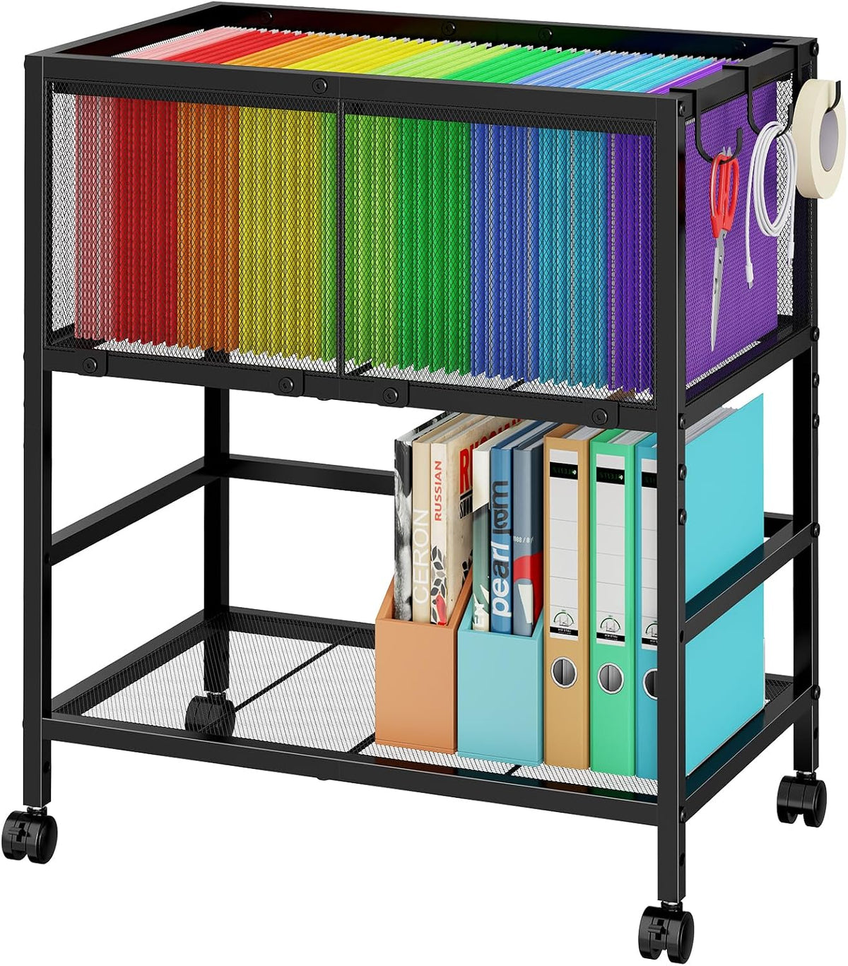 Rolling File Cart for Letter Size, Metal Hanging File Organizer with Storage Shelf, 2-Tier Mobile File Cabinet with 360° Wheels & Hooks, Under Desk Filing Cabinets for Home Office, Black