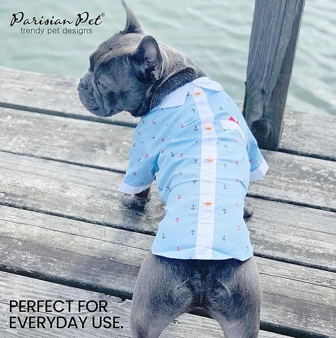 Parisian Nautical Dog Shirt - 100% Cotton Anchor Clothes - Blue and White Costume for Large Dogs
