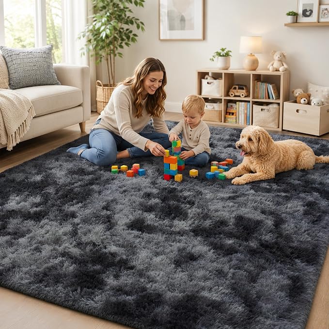 Area Rug for Living Room Bedroom: 9x12 Black Grey Soft Fluffy Shag Upgrade