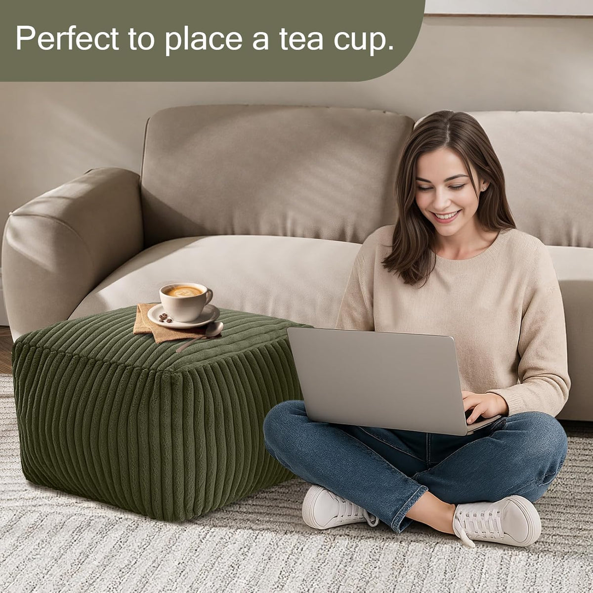 MeMoreCool Square Pouf Ottoman Foot Rest, 15 Inch Faux Fur Pouf, Green