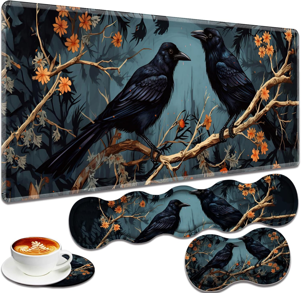 Large Gaming Mouse Pad + Keyboard Wrist Rest + Wrist Support + Coaster Set, Memory Foam Ergonomic for Easy Typing, XXL Extended Gaming Mouse Pad Table Pad - Branch Crow