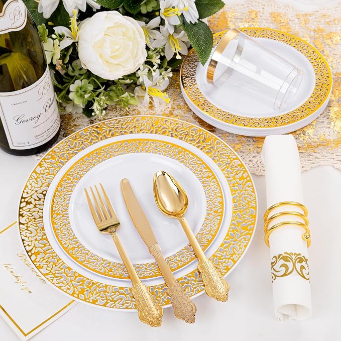 bUCLA 350PCS Gold Plastic Plates Disposable