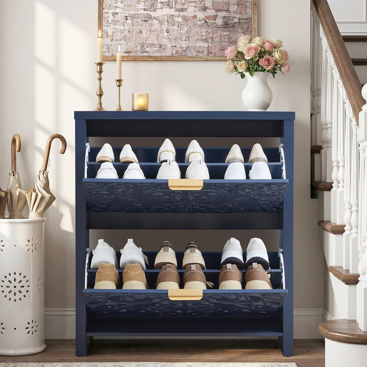 Shoe Cabinet with Flip Drawers, Narrow Shoe Storage Cabinet, 2-Tier Hidden Shoe Organizer with Floral Embossed for Entryway, Mid-Century Modern Slim Shoes Storage for Hallway Foyer (1, Midnight Blue)