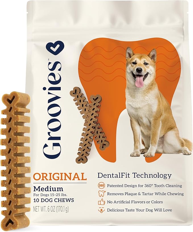 Groovies Flexible Dog Dental Chews with Patented DentalFit Technology to Help Support Tartar Control & Fresh Breath, Medium Dog Chews for 15-25 lb Dogs, USA Manufactured Oral Care, 10 Chews