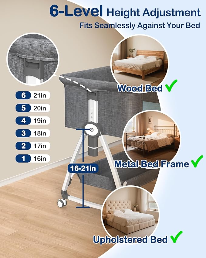 Bedside Dog Bed, 6-Height Adjustable Elevated Cat Bed for Small & Medium Puppy & Cat, Extension for Human Bed, Pet Bassinet with Removable & Washable Cover, Dogs Couch with Sides (30" L x 21" W)