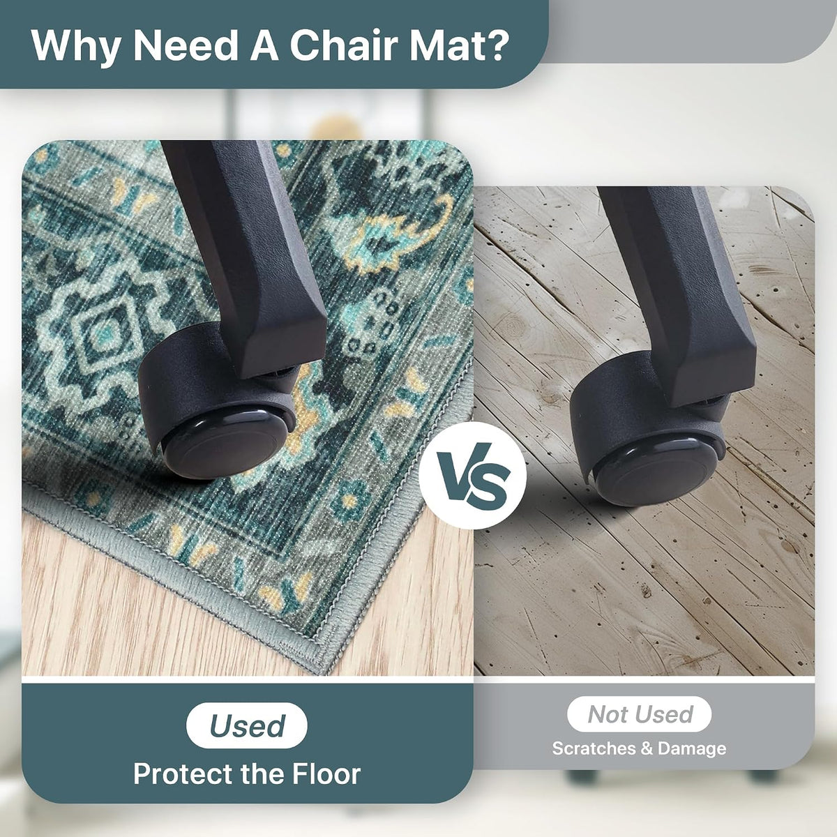36"x48" Office Chair Mat for Hardwood Floor, Non-Slip Washable Turquoise