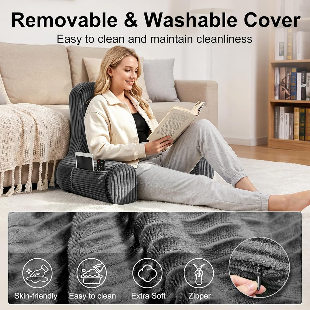 Reading Pillow for Bed Sitting Up, Back Support Pillow with Arms