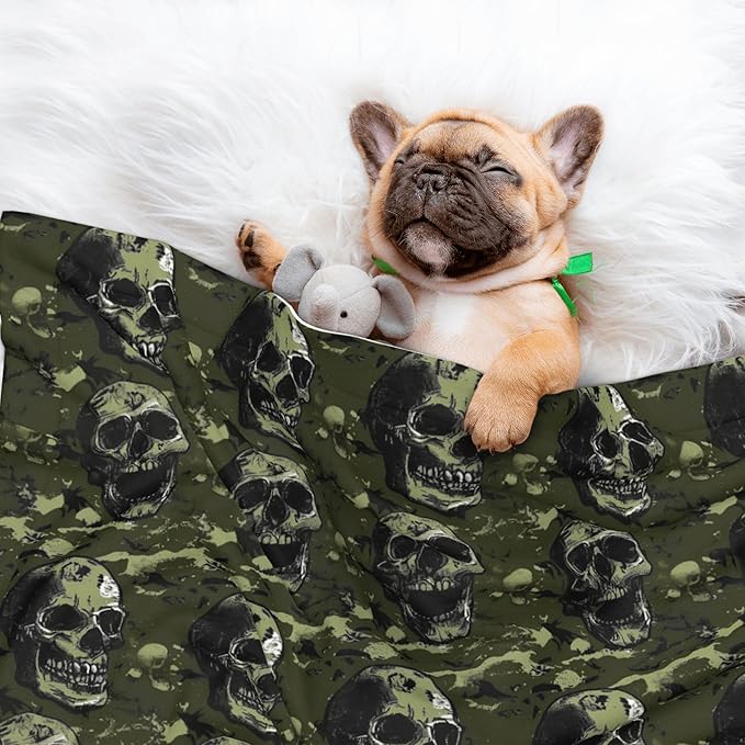 Waterproof Dog Blanket Soft Pet Blanket for Puppy Cat, Fleece Cat Throw Blankets for Furniture Bed Couch Sofa Reversible - Green Camouflage Skull 7
