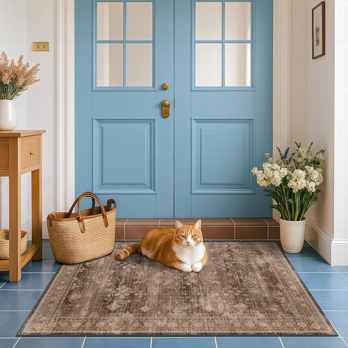 Brown Boho Washable 3x6 Entryway Runner Rug, Indoor Hallway Kitchen Floor Rug