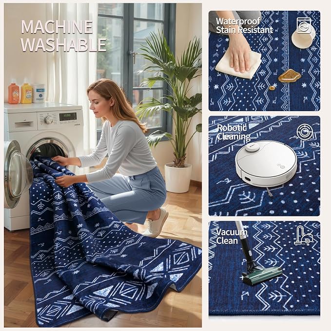SERISSA 2x4 Rugs for Entryway, Washable Non-Slip Blue and White Small Runner Rug
