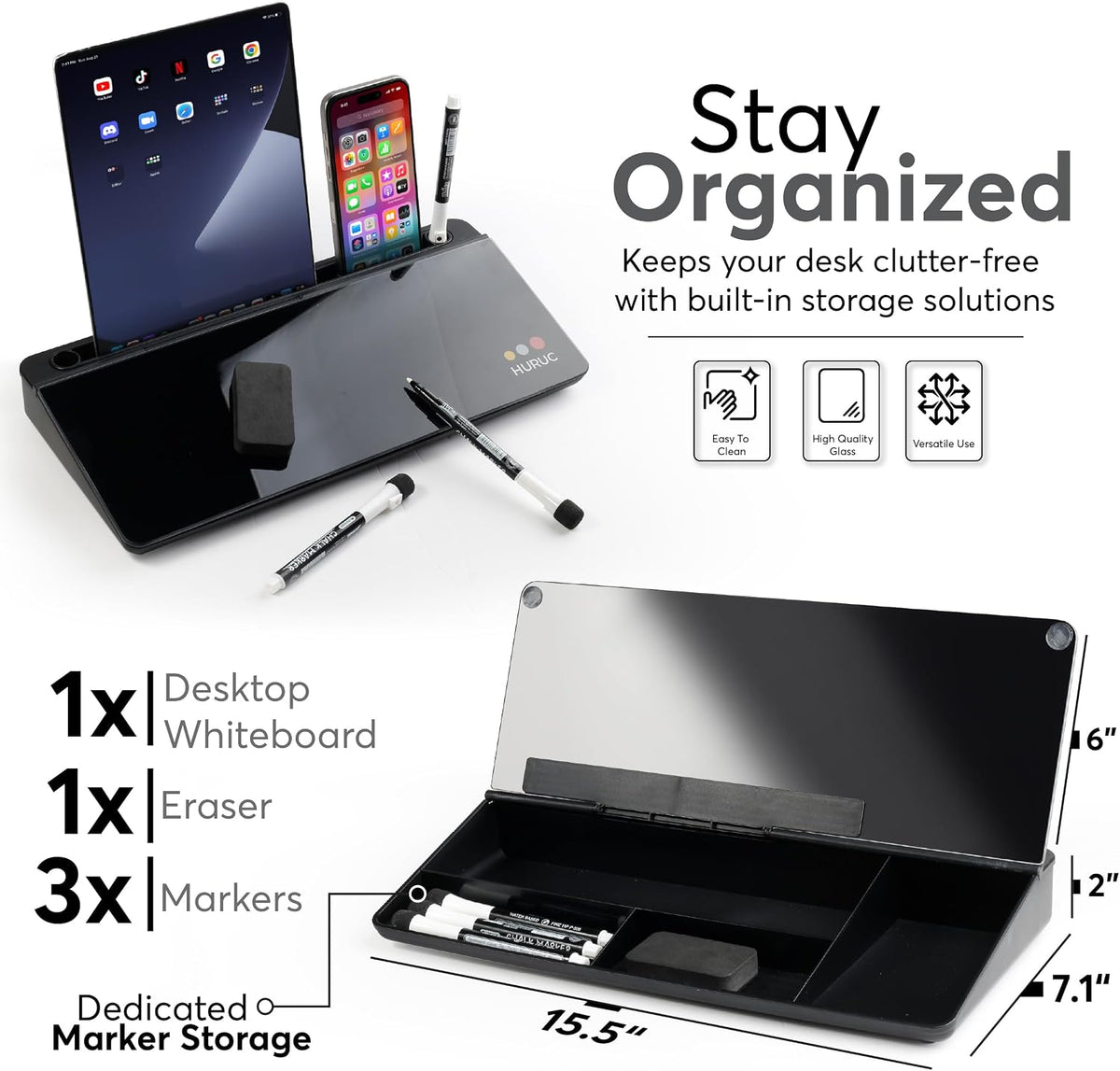 HURUC Desk Buddy Glass Desktop Whiteboard – Desk Board Buddy Hidden Storage