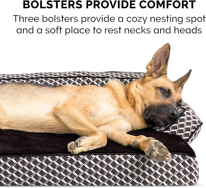Furhaven Memory Foam Dog Bed for Large Dogs w/ Removable Bolsters & Washable Cover, For Dogs Up to 125 lbs - Plush & Woven Decor Comfy Couch Sofa - Diamond Brown, Jumbo Plus/XXL