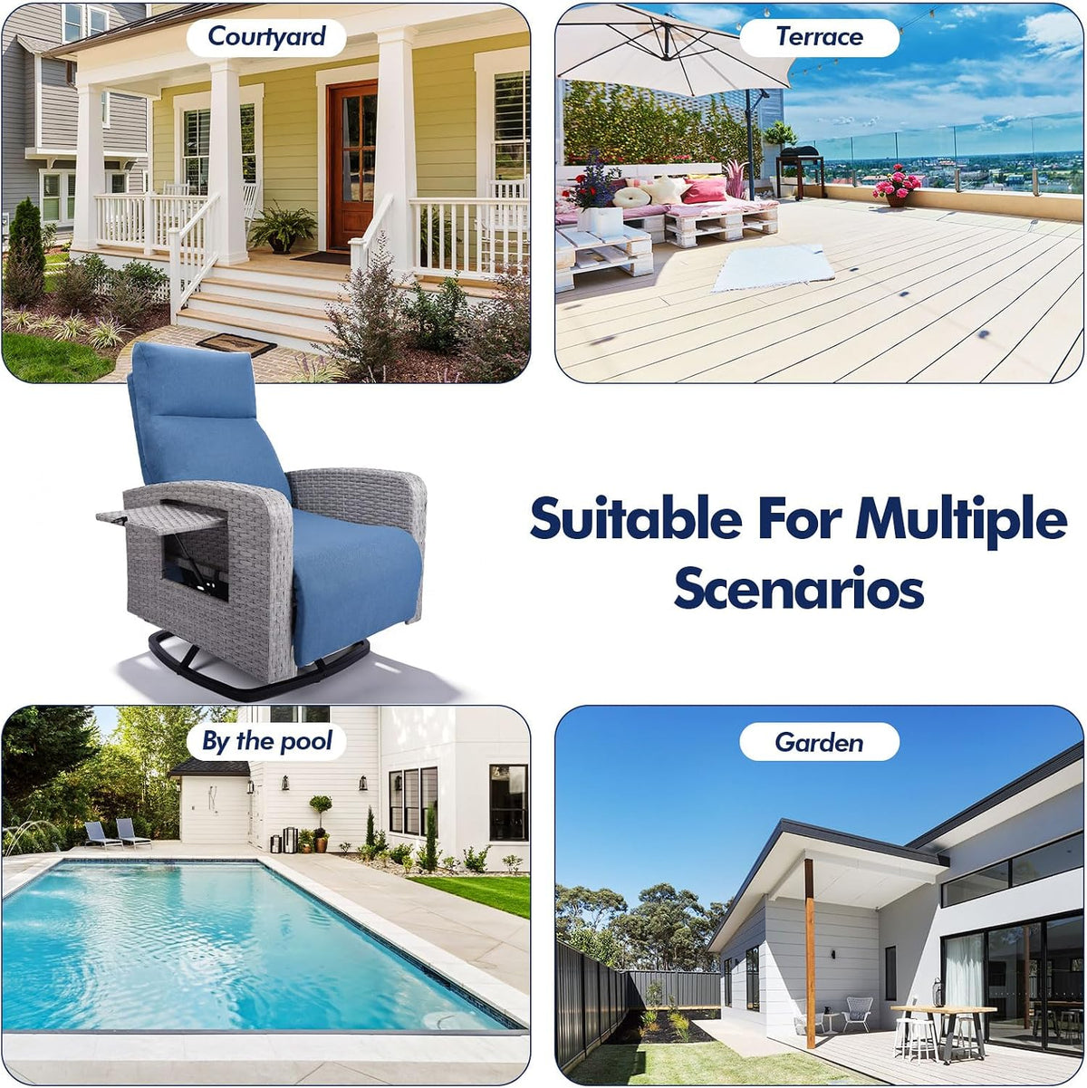 ZZW Outdoor Recliner Chair, Wicker Patio Recliners with Adjustable Backrest and Extended Foot Rest, Reclining Patio Chairs with Flip Table & Removable Cushion Cover for Porch