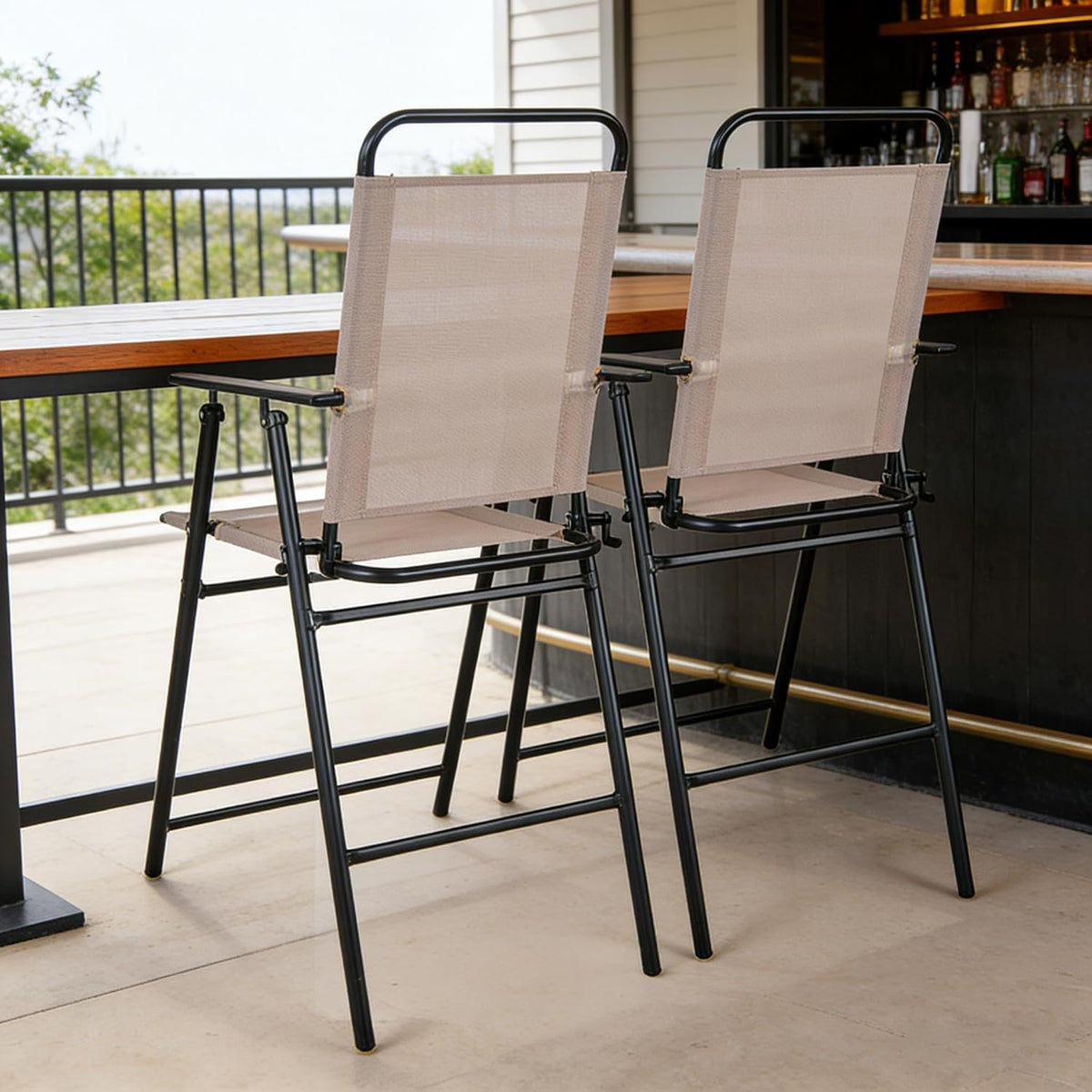 COSTWAY Outdoor Folding Bar Chairs Set of 2 with Armrest and High Back
