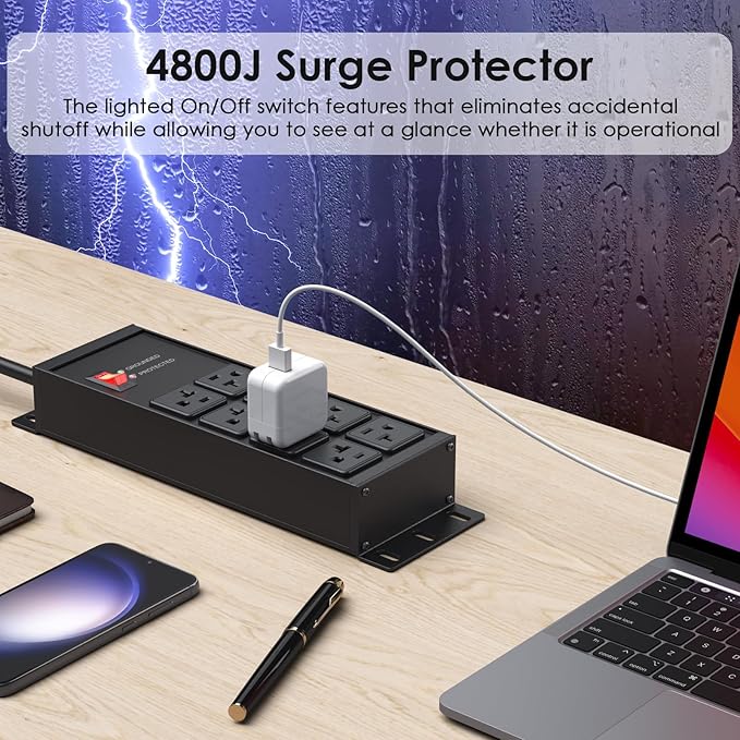 JUNNUJ Heavy Duty 20 Amp Surge Protector 4800J, Garage Metal 8 Outlets 12 Gauge, High Amp 5-15P Adapter Shop 6-20R T-Slot Industrial Outlet, 15 FT Extension Cord Commercial for Appliance