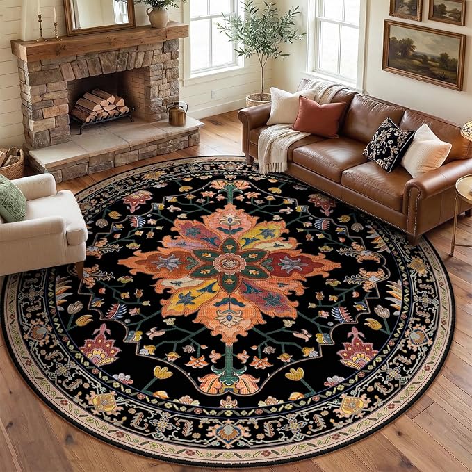 RELEANY Area Rugs Round 8ft Washable Non-Slip, Floral Vintage Distress