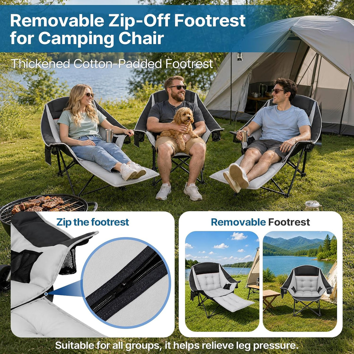 ZENPETIO Oversized Camping Chair with Footrest, 500 lbs Folding Camp Chairs