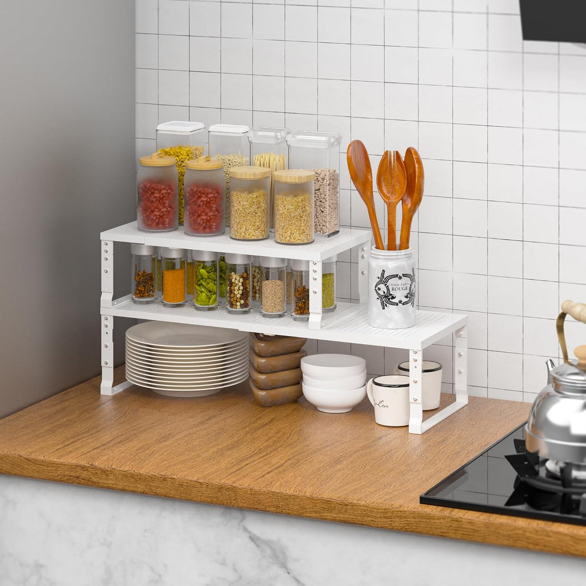 Metal Stackable Expandable Storage Rack, Thickened Steel Adjustable Countertop Space Saving, Heavy-Duty Pantry Storage, Suitable for Kitchens, Cabinet, Sink, Bathrooms, Workshops or Offices