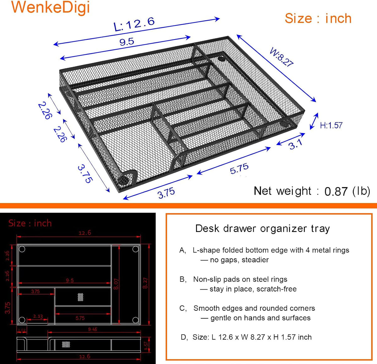 2-Pack 6-Compartment Mesh Office Drawer Organizer Tray, Black