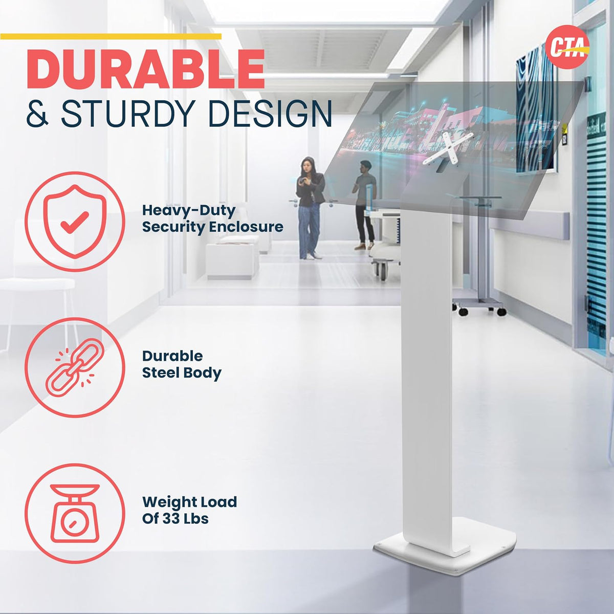 Floor Stand Kiosk - CTA Heavy-Duty VESA Compatible Floor Stand with Interior Cable Routing System and Scratch Resistant Padding on Weighted Base with Kitting Capabilities (ADD-PARAFSW) – White