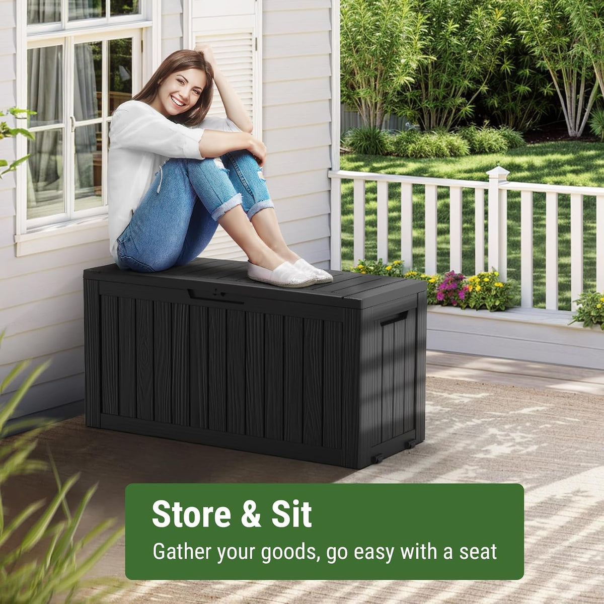 Mars Villa 75 Gallon Outdoor Storage Box, Patio Deck Box Waterproof, Black