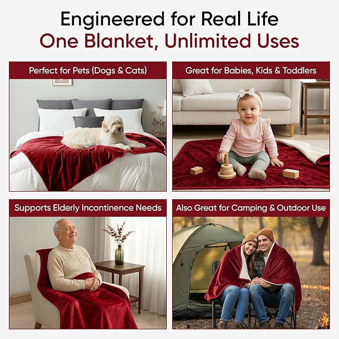 Waterproof Pet Blanket, Liquid Pee Proof, Sherpa Fleece Protector – Pet Hair Resistant Water Proof Bed Cover for Dogs Couch Sofa Car Bedding Comforter (Red, 60"x80")
