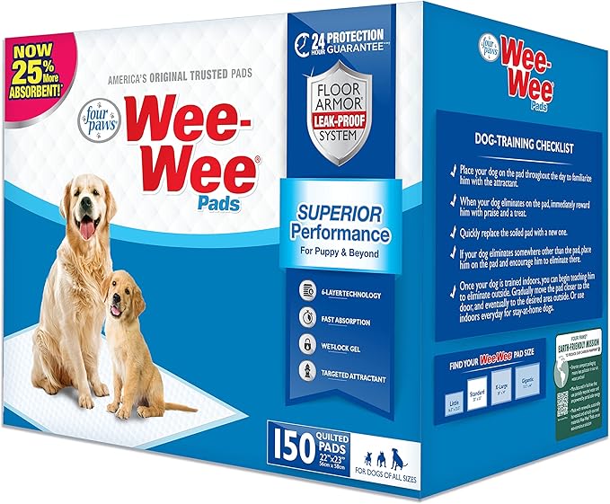 Four Paws Wee-Wee Superior Performance Unscented Pee Pads for Dogs & Puppies, Quilted Leak-Proof Dog Housebreaking Potty Training Floor Protection, 22" x 23", 100 Count