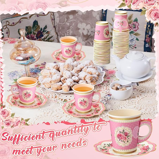 Tioncy 100 Pcs Tea Party Decorations Include 50 Pieces 9 oz Paper Tea Cups