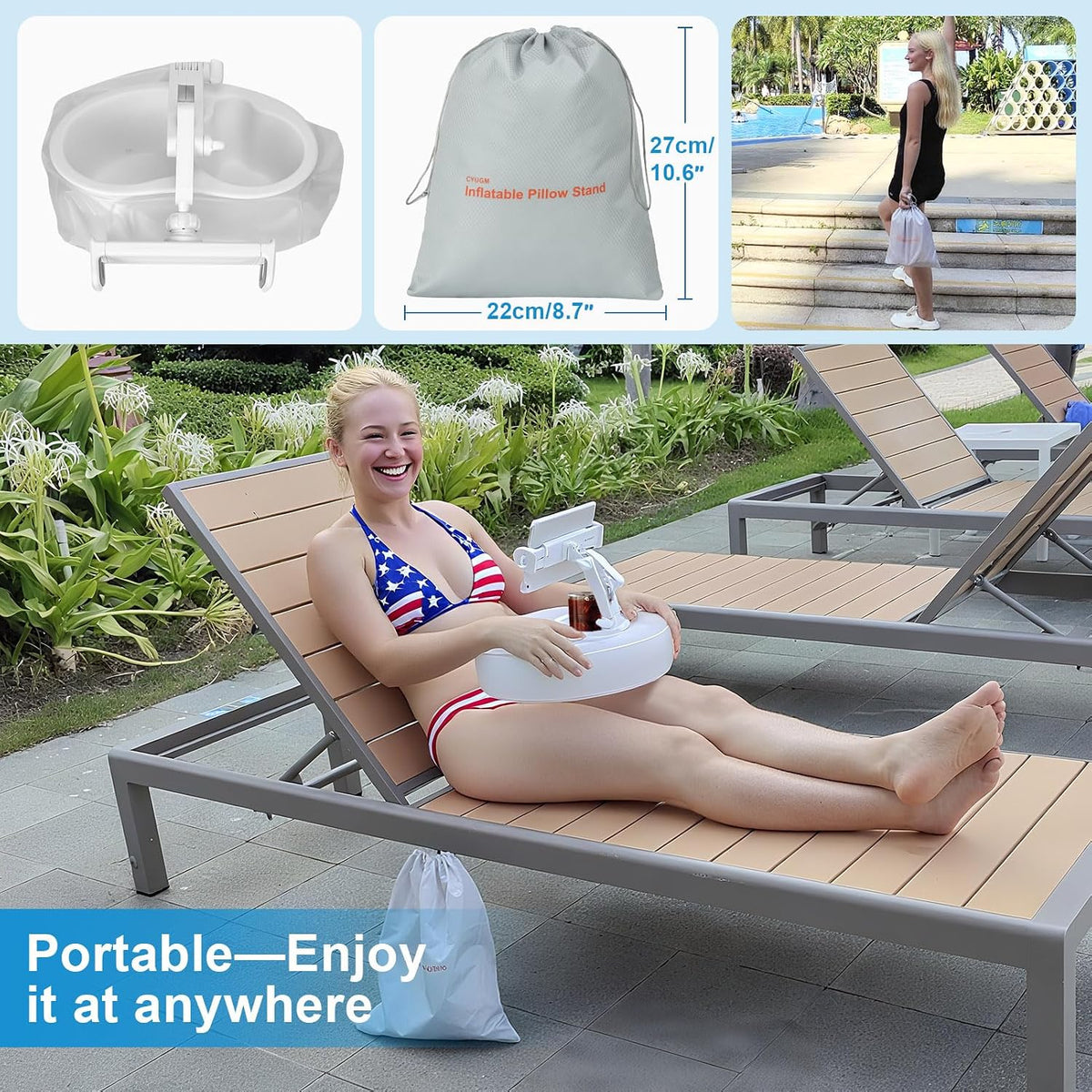 Versatile Waterproof Kindle Pillow Stand for Bed Couch Bathtub Pool Lounger, Portable Inflatable Kindle Holder with Detachable Fabric, Easy Care & Suit All Seasons, Fit 5-12.9'' Devices