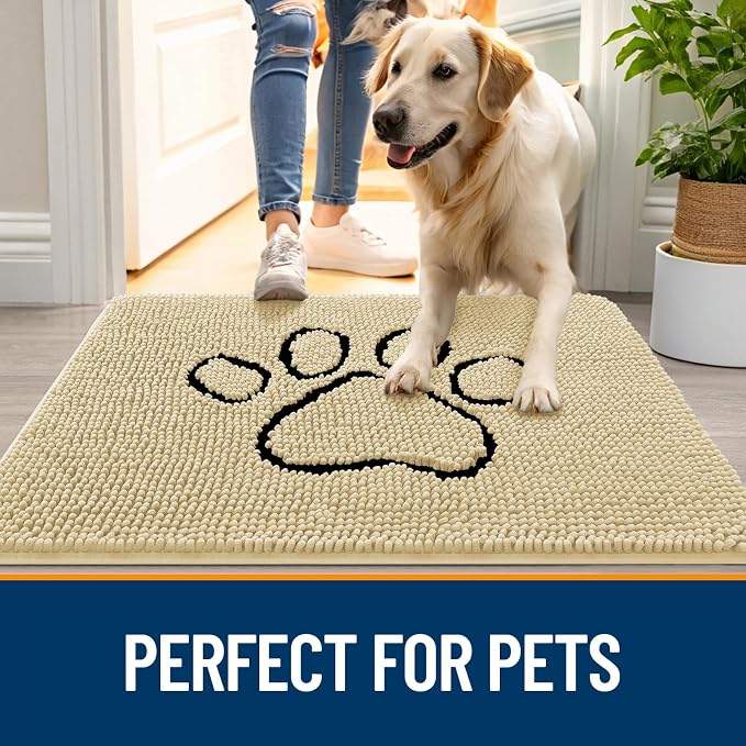 OLANLY Dog Door Mat for Muddy Paws 48x30, Paw Print Design, Absorbs Moisture