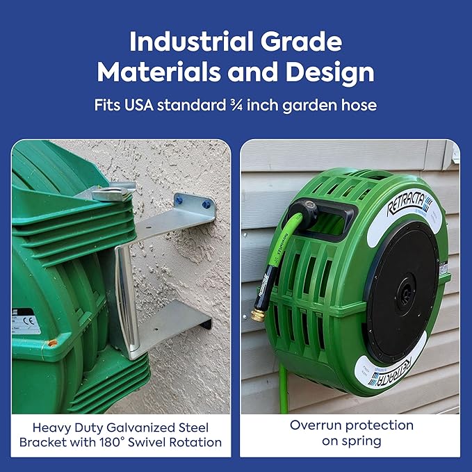 Macnaught Retractable Garden Hose Reel, 60 Ft Water Hose Reel Heavy Duty Retractable Hose with Metal 180° Swivel Rotation Bracket for Wall Mount - Green